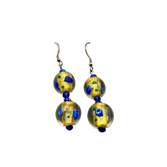 Vintage Art Glass Beaded Earrings Gold and Blue Beads Sterling Silver Hooks - Picture 1 of 5
